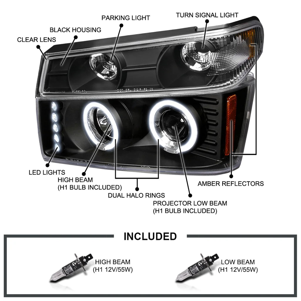Black Housing Clear Lens LED Halo Projector Headlights, L/R Pair B37791