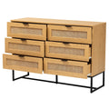 Oak Brown Wood and Black Metal 6-Drawer Storage Cabinet with Rattan U3787