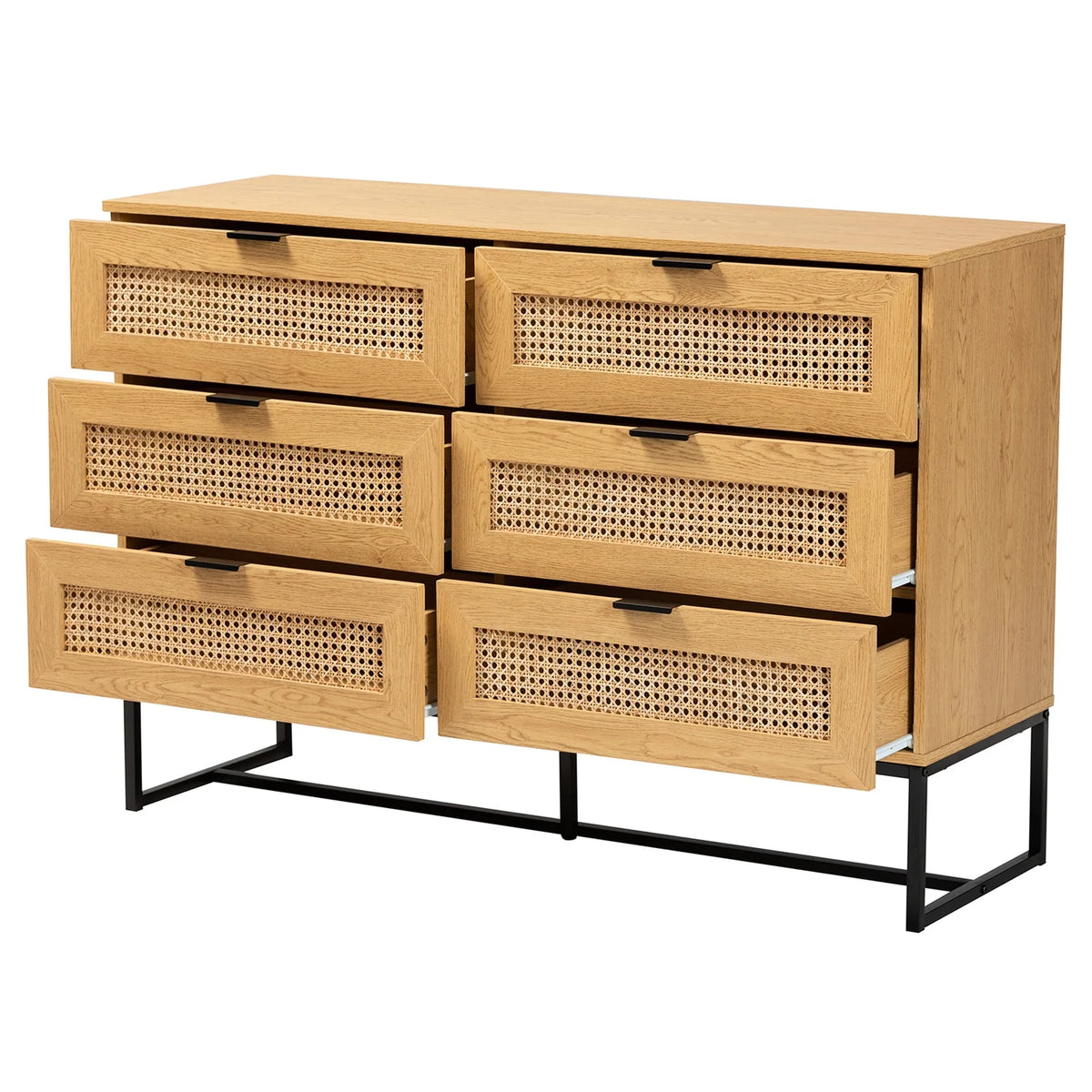 Oak Brown Wood and Black Metal 6-Drawer Storage Cabinet with Rattan U3787