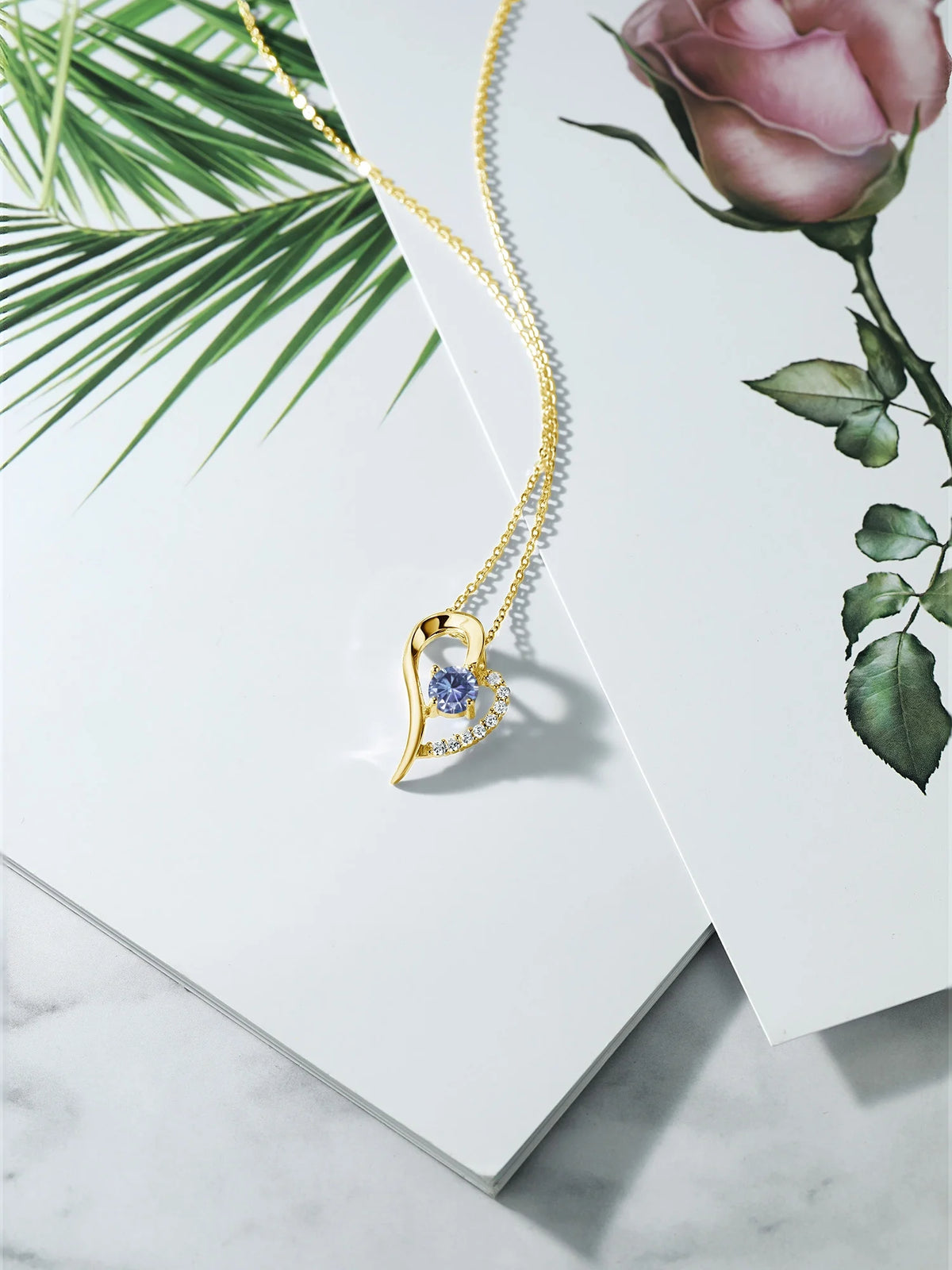 18K Yellow Gold Plated Silver Persian Blue Moissanite Heart Shape Pendant Necklace with 18 inch Chain M31389