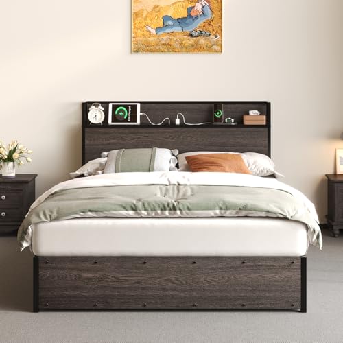 Full Size Wooden Platform Bed Frame with Storage Headboard H2302