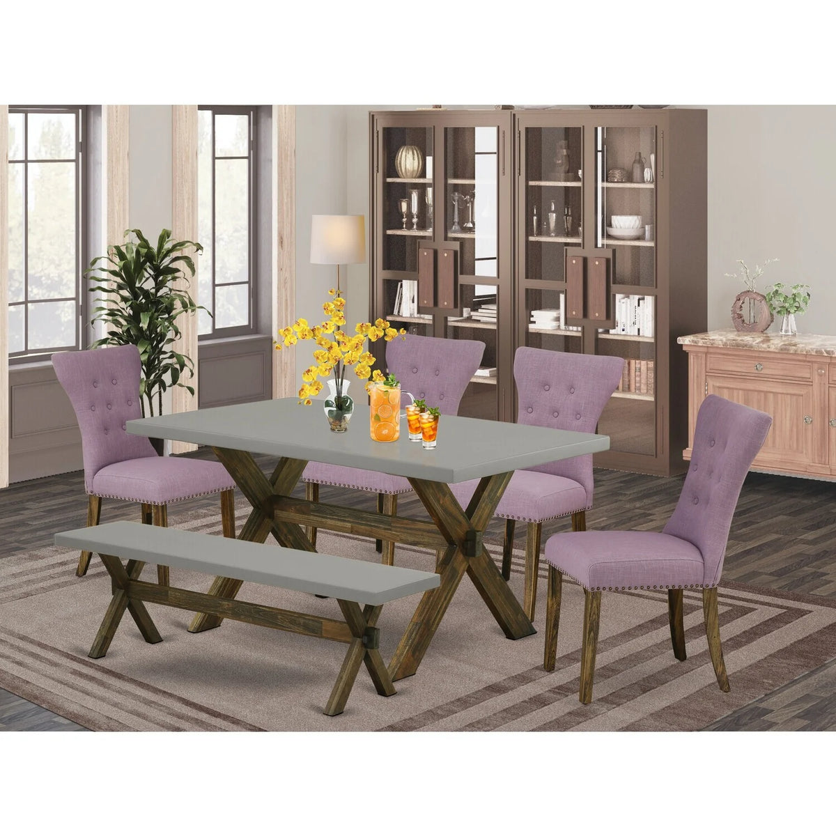 6-Pc Dining Table Set with Bench and Parson Chairs F561951