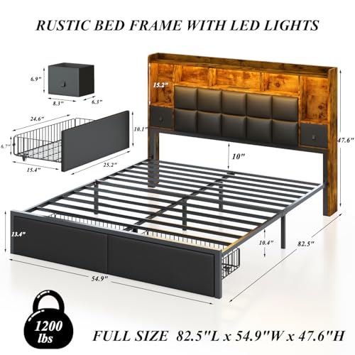 Full Size LED Upholstered Platform Bed Frame with Bookshelf Headboard and 2 Hidden Storage Drawers J35091