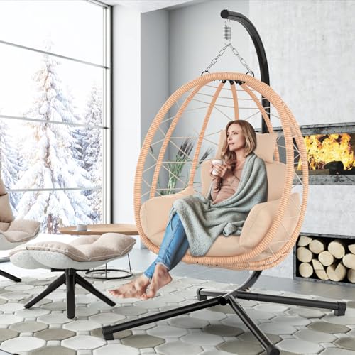 Hanging Egg Chair with Stand, UV Resistant Cushion & Pillow, 370lbs Capacity, Beige N878373