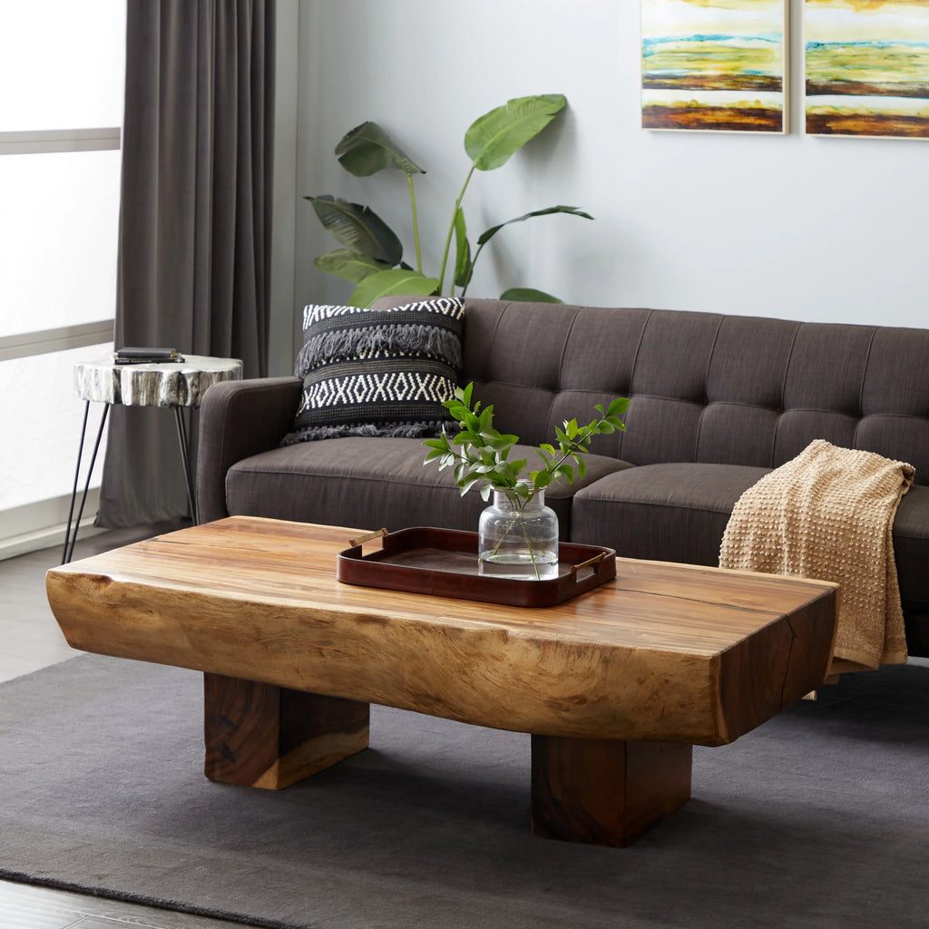 Brown Wood Live Edge Coffee Table with Block Style Base K772
