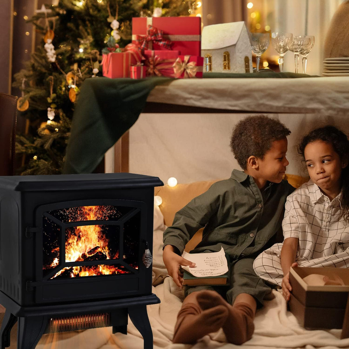Black Electric Fireplace Heater 3D Flames Freestanding TV Stand U685