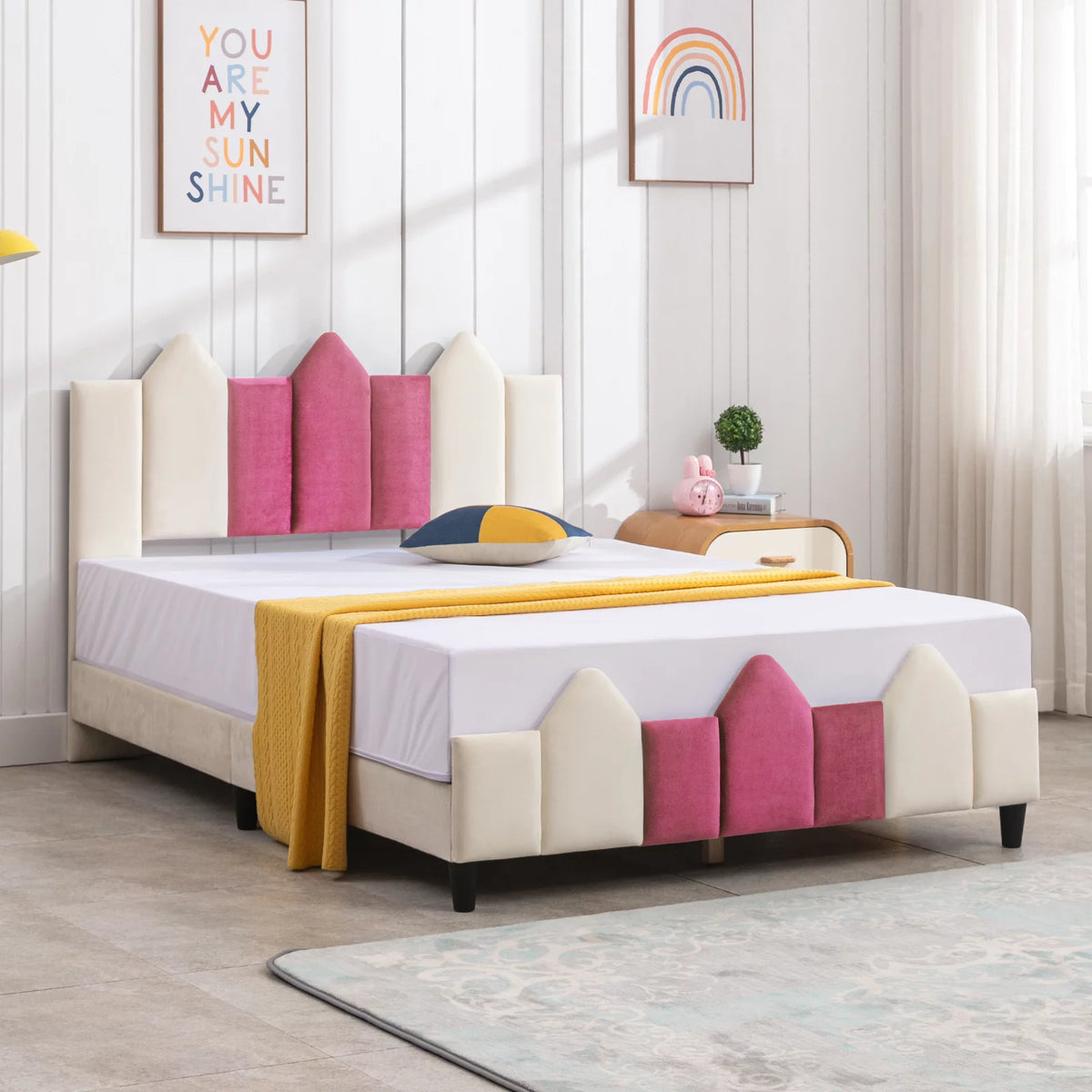 Pink Full Wood Upholstered Bed Frame with Headboard C460743