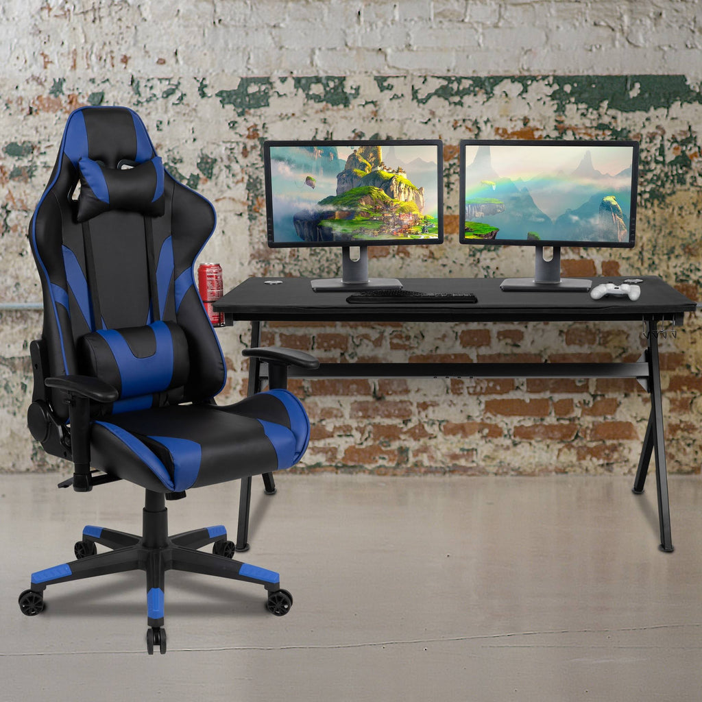 Black Reclining Gaming Chair Set with Cup Holder and Headphone Hook Y874