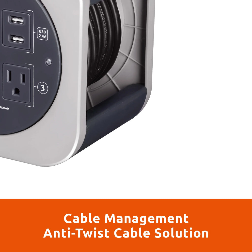 Cord Reel 25 ft Extension Cord with 3 Power Outlets and 2 USB Ports B241125