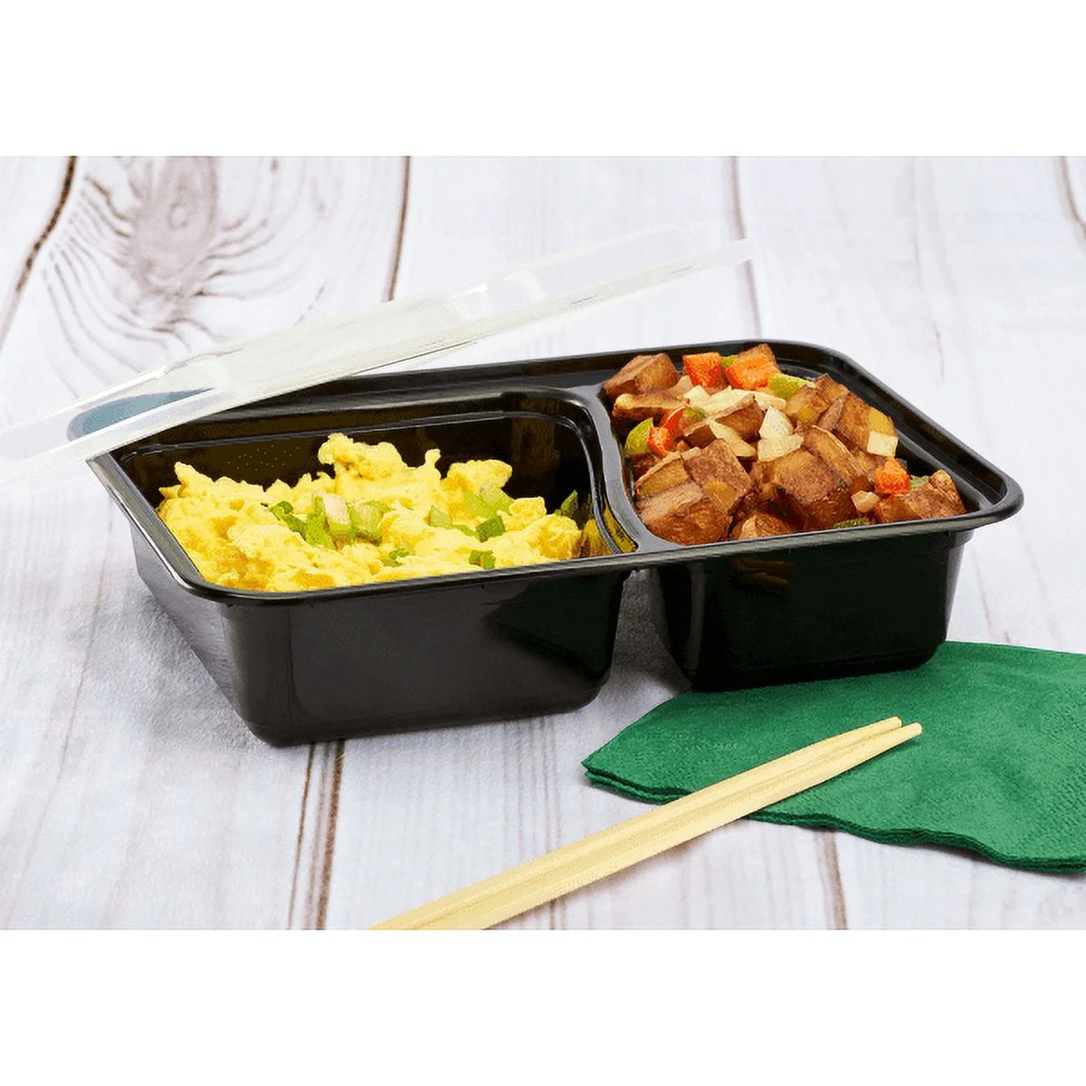38 oz. Black Rectangular 2-Compartment Food Containers with Clear Lids G89960