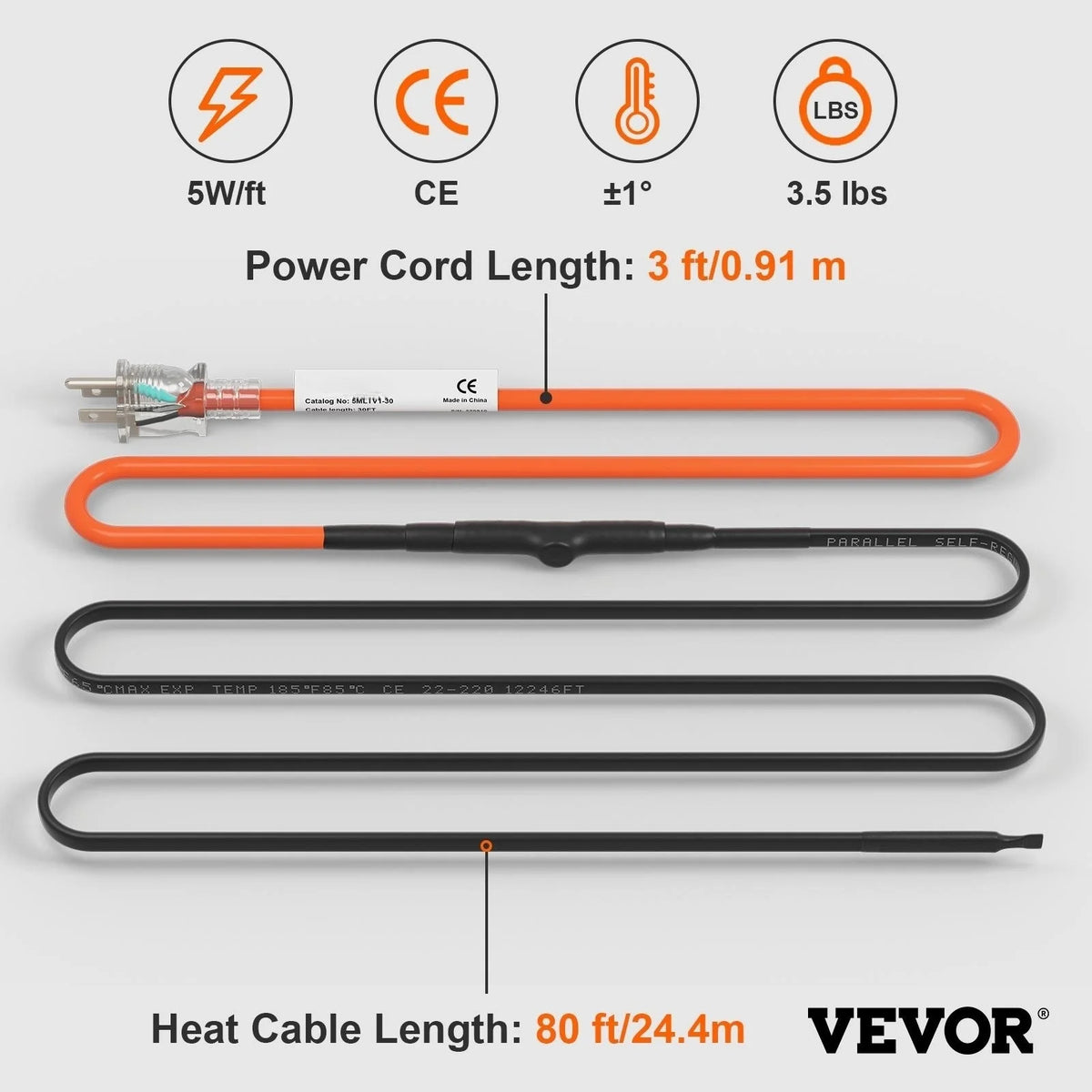 Self-Regulating Pipe Heating Cable, 80-feet 5W/ft Heat Tape, 120V F700
