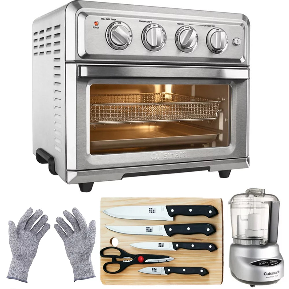 Silver Convection Toaster Oven Air Fryer with Mini Food Processor, 5-Pieces Knife Set, Cutting Board and Safety Gloves L6444