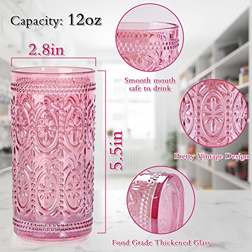6 Pack Pink 12oz Highball Embossed Beverage Glass Cup K58805