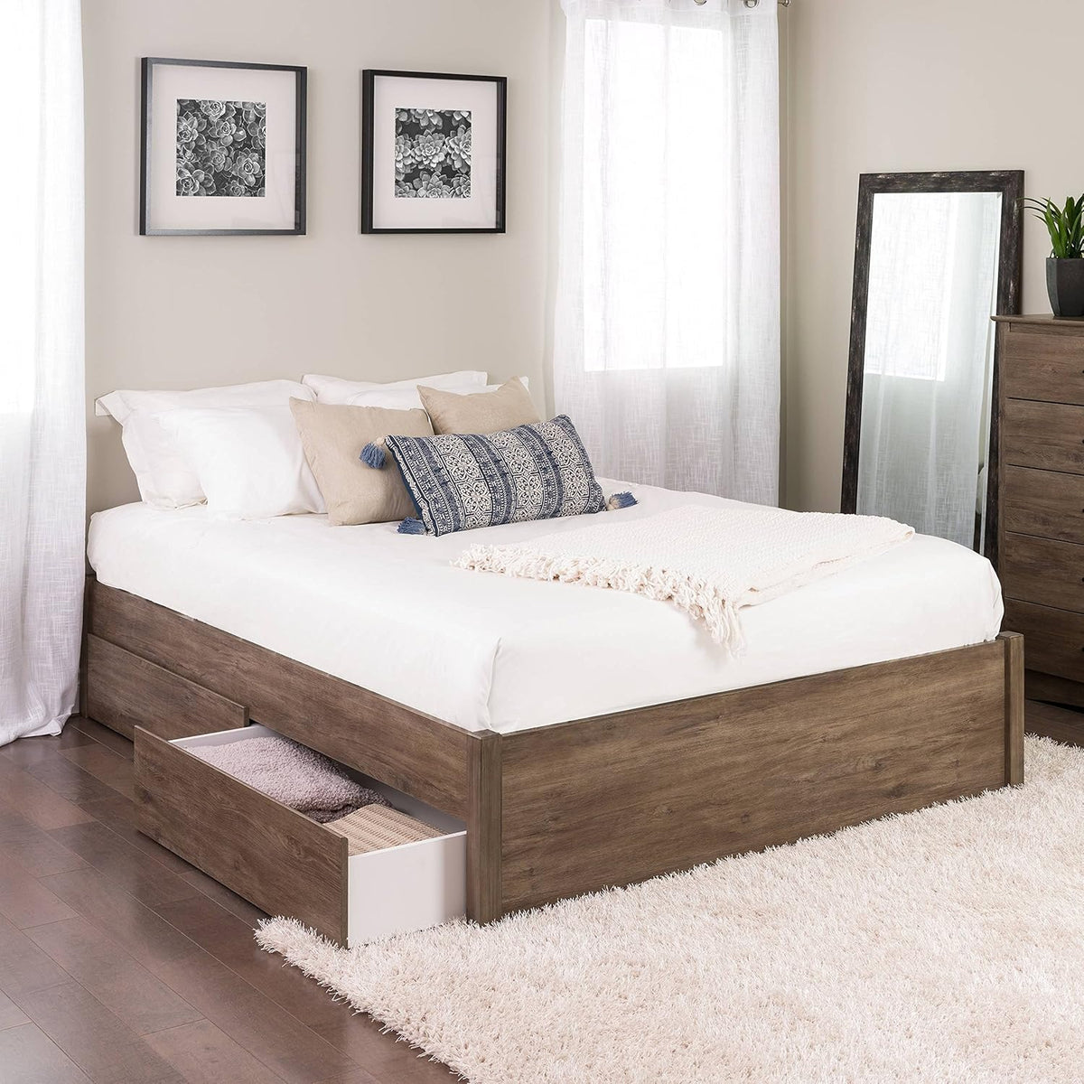 Queen 4-Post Platform Bed with 2 Drawers, Drifted Gray P96656