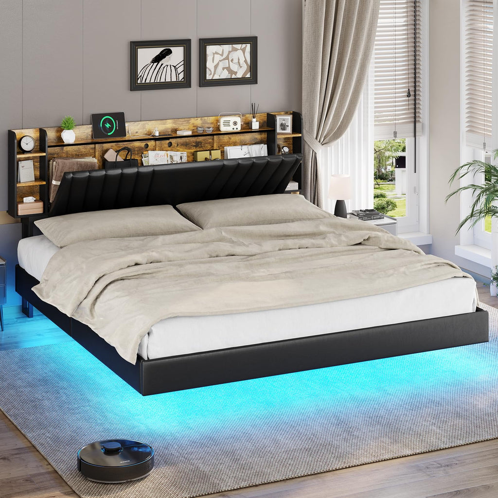 Full Floating Bed Frame with Charging Station, Black X5525