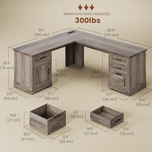 White L Shaped Desk with File Drawer and Power Outlet P686