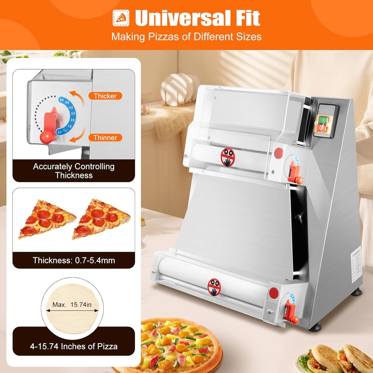 Commercial Electric Pizza Dough Sheeter, 15 Inch, 370W, Thickness 0.7-5.4mm D787594