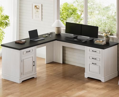 White L Shaped Desk with File Drawer and Power Outlet P686