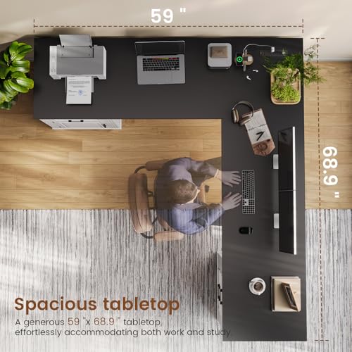 White L Shaped Desk with File Drawer and Power Outlet P686