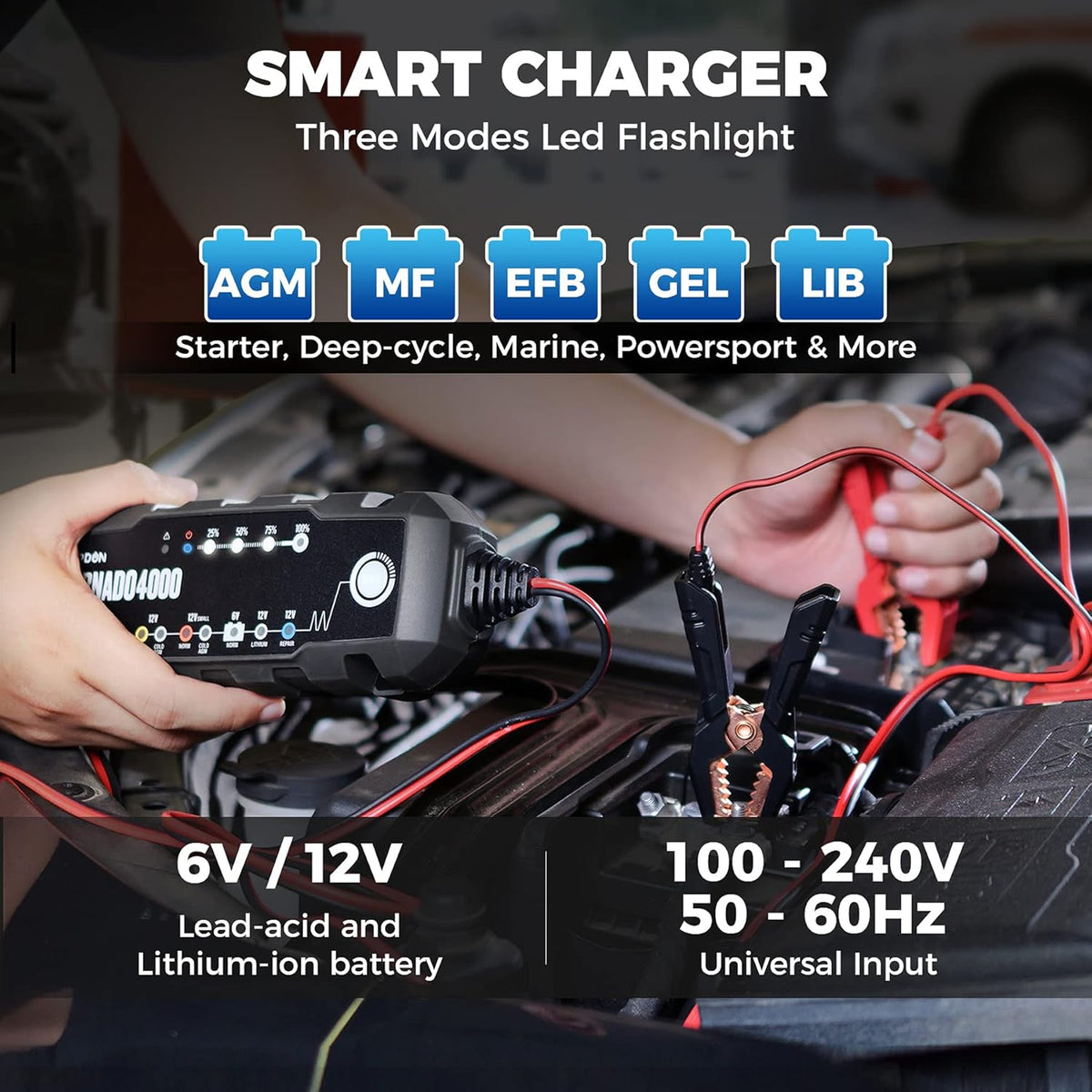 Car Battery Charger 4A/1A 6V/12V for Lead-Acid/Lithium ion Batteries K90315