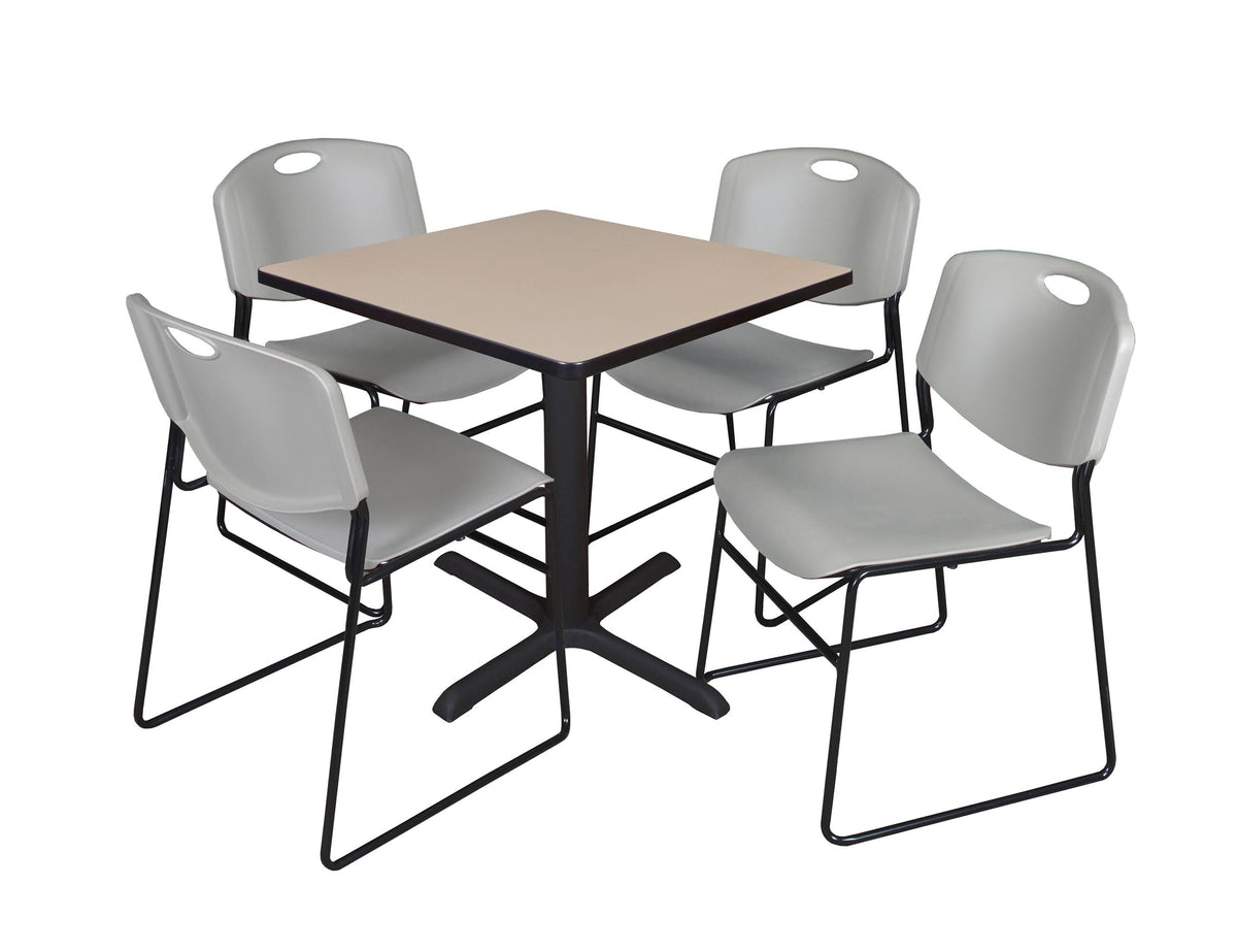 Cherry Square Breakroom Table & 4 Grey Stack Chairs A6038