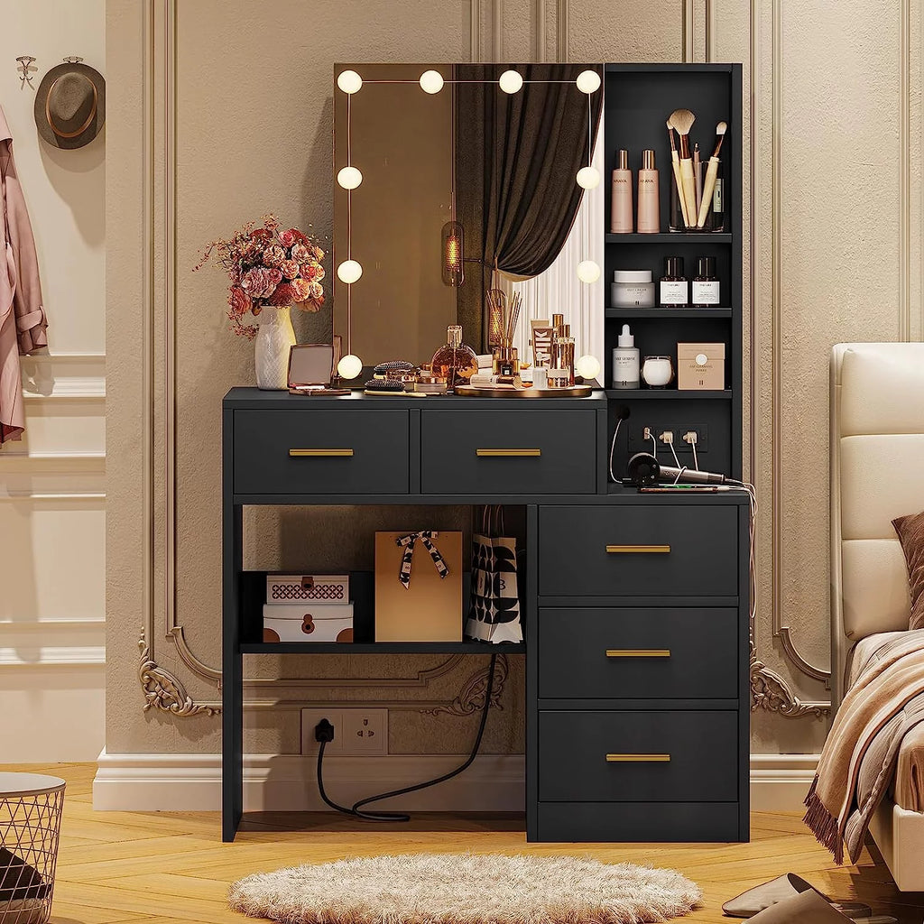 Black Vanity Table with Sliding Mirror and LED Lights D320