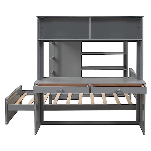 Twin Size Loft Bed with Built-in Desk & Wardrobes, Wood Bedframe with 4 Drawers & 4 Shelves, Gray E374340