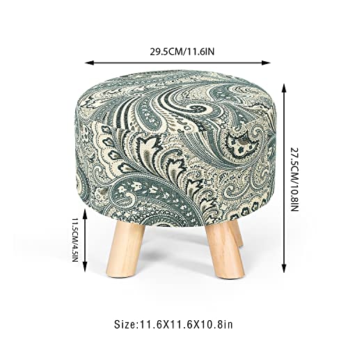 Small Round Ottoman Foot Rest Stool Linen Padded Seat Footstool with Non-Skid Wooden Legs White Black I9157
