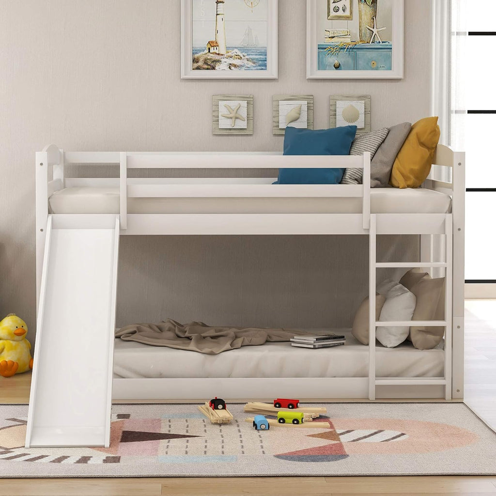 Twin Over Twin Low Bunk Bed with Slide and Ladder Grey I77466