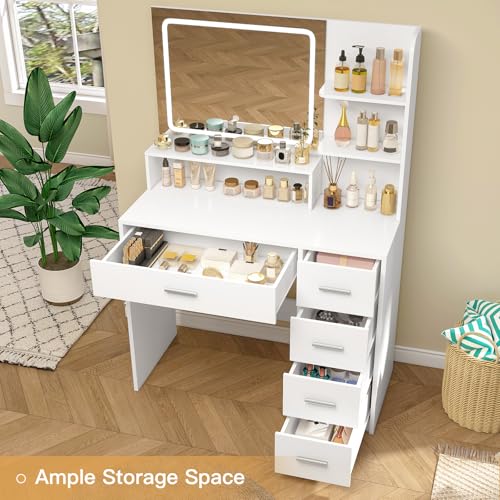 White Vanity Desk with 5 Drawers & Mirror D7717