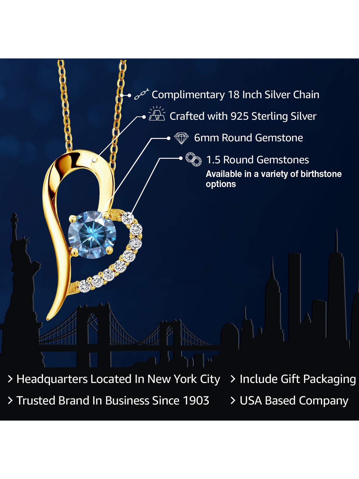 18K Yellow Gold Plated Silver Persian Blue Moissanite Heart Shape Pendant Necklace with 18 inch Chain M31389
