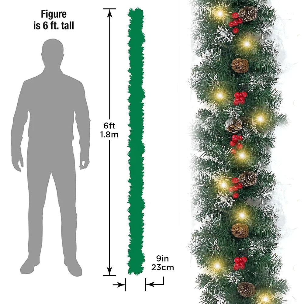2 Pcs 6ft Pre-Lit Christmas Garland with 40 Waterproof LED Light and Pine Cones and Berries, Battery Operated W41125