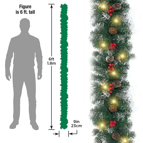 2 Pcs 6ft Pre-Lit Christmas Garland with 40 Waterproof LED Light and Pine Cones and Berries, Battery Operated W41125
