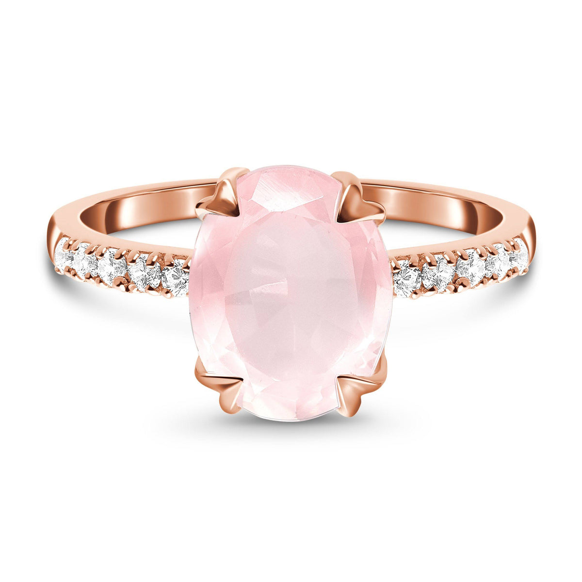 Oval-cut Rose Quartz Ring with 10 White Topaz Gems 14kt Rose Gold Vermeil Half Eternity Settings Size 7 H89280