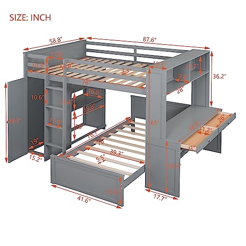 Twin Size Loft Bed with Built-in Desk & Wardrobes, Wood Bedframe with 4 Drawers & 4 Shelves, Gray E374340