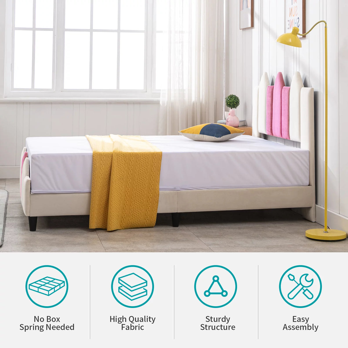 Pink Full Wood Upholstered Bed Frame with Headboard C460743