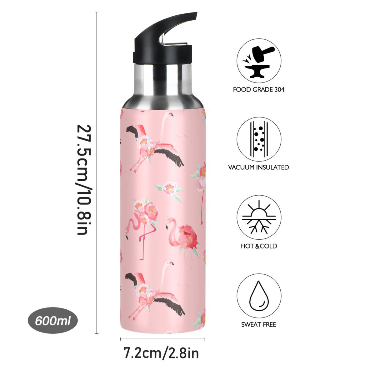 Pink Insulated Stainless Steel Water Bottle with Straw Lid 20 oz K5658