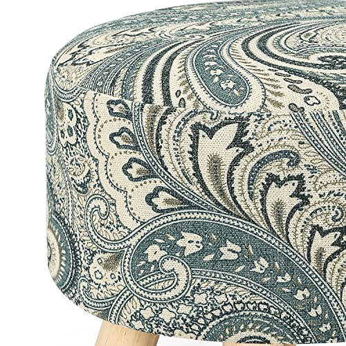 Small Round Ottoman Foot Rest Stool Linen Padded Seat Footstool with Non-Skid Wooden Legs White Black I9157