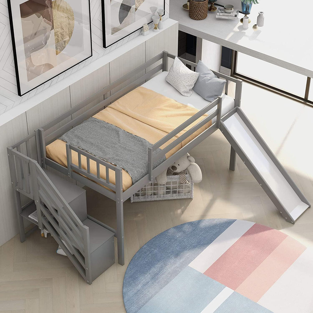 Twin Over Twin Low Bunk Bed with Slide and Ladder Grey I77466