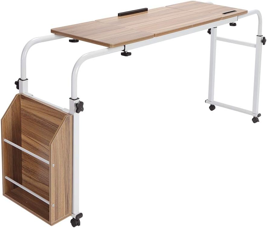 Overbed Table Mobile Computer Desk with Wheels Metal Legs Storage Shelves 47.24inch Black W433