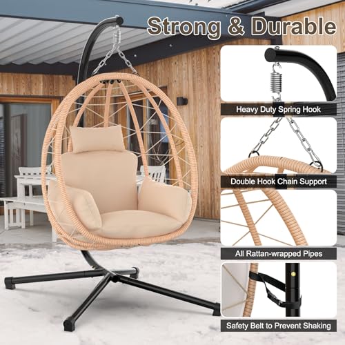 Hanging Egg Chair with Stand, UV Resistant Cushion & Pillow, 370lbs Capacity, Beige N878373