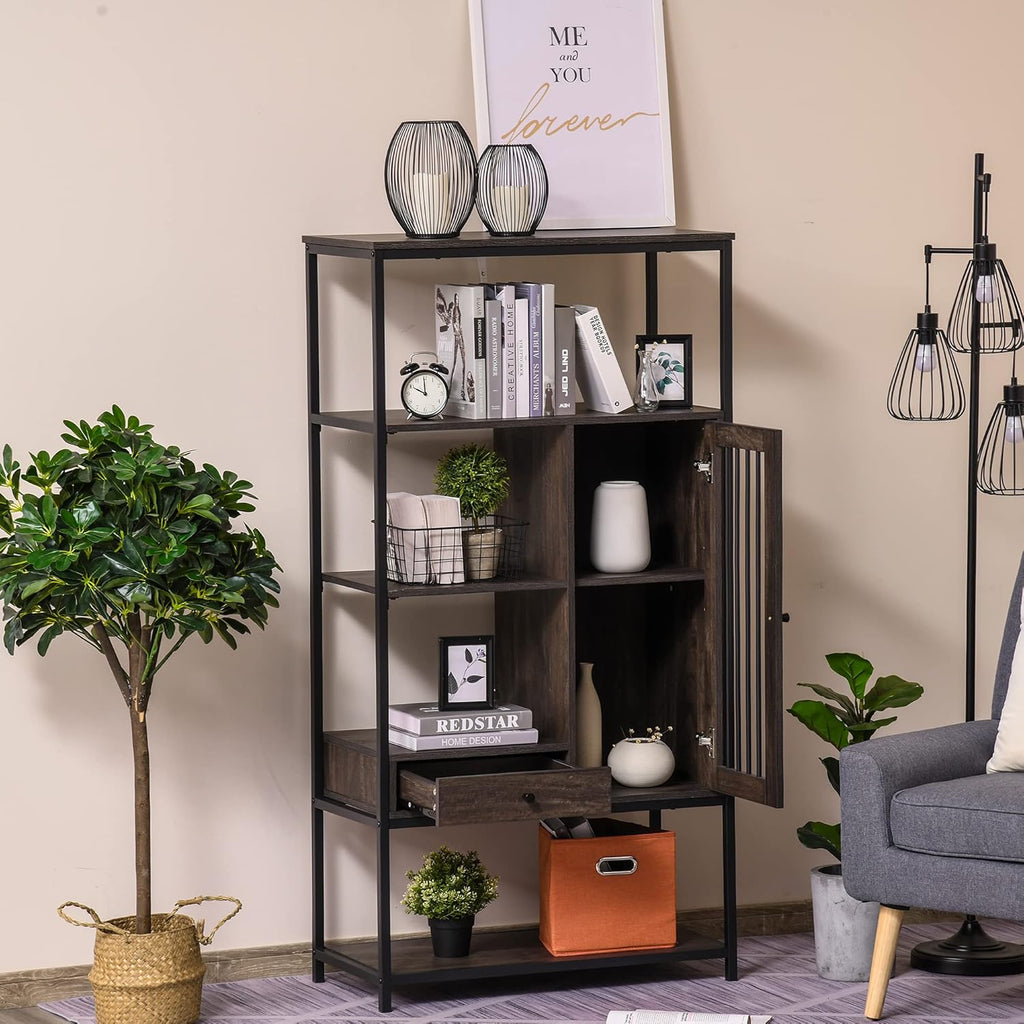 4-Tier Industrial Style Bookcase with Drawer and Cabinet Y198924