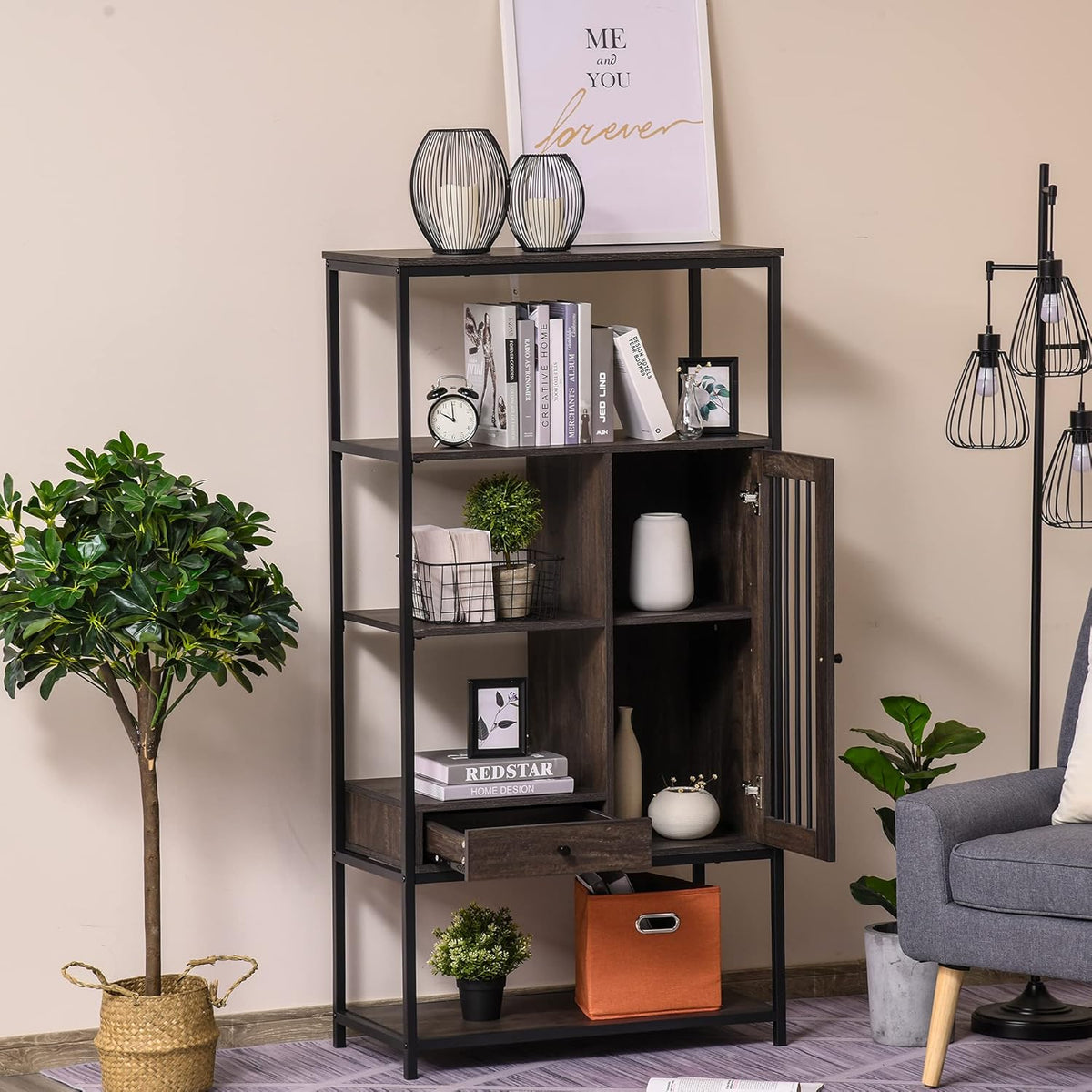 4-Tier Industrial Style Bookcase with Drawer and Cabinet Y198924