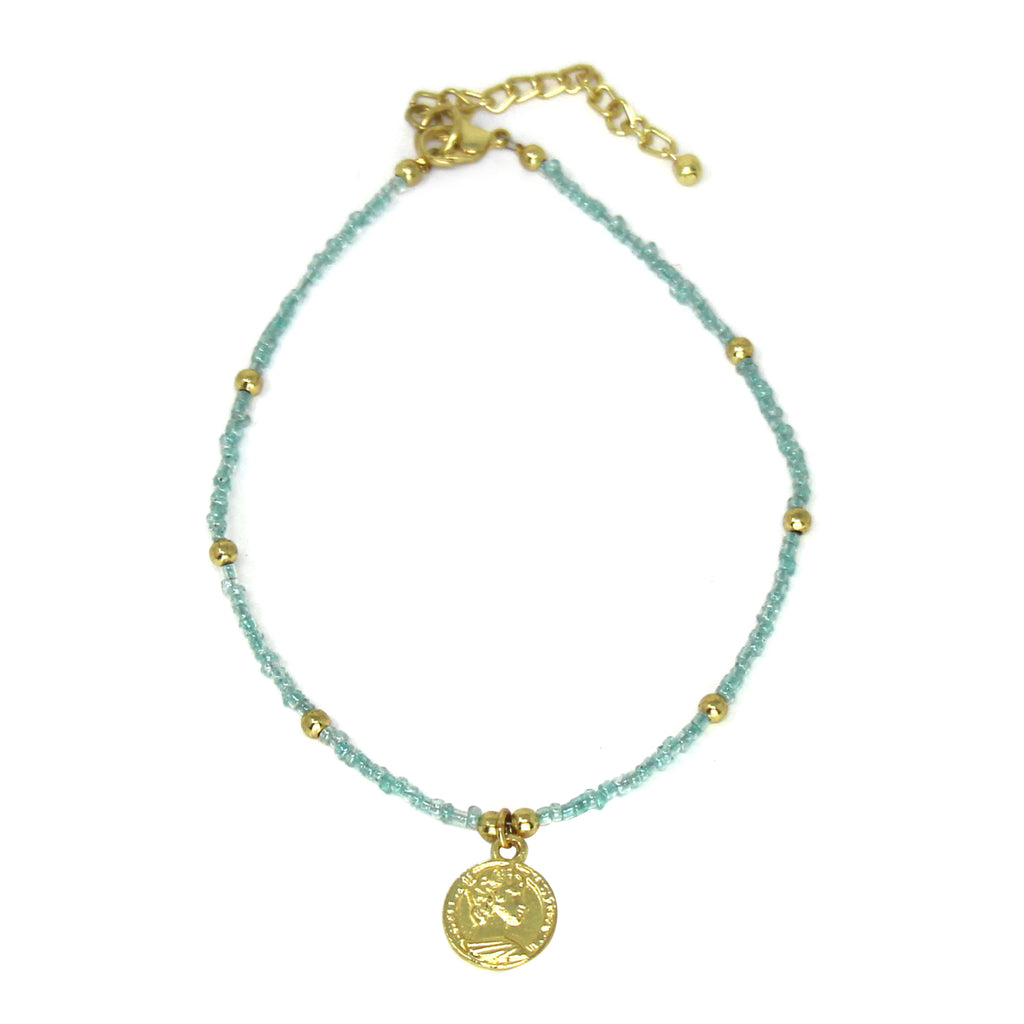 Baby Blue Glass Bead Choker with Brass Coin Pendant K52023