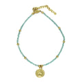 Baby Blue Glass Bead Choker with Brass Coin Pendant K52023