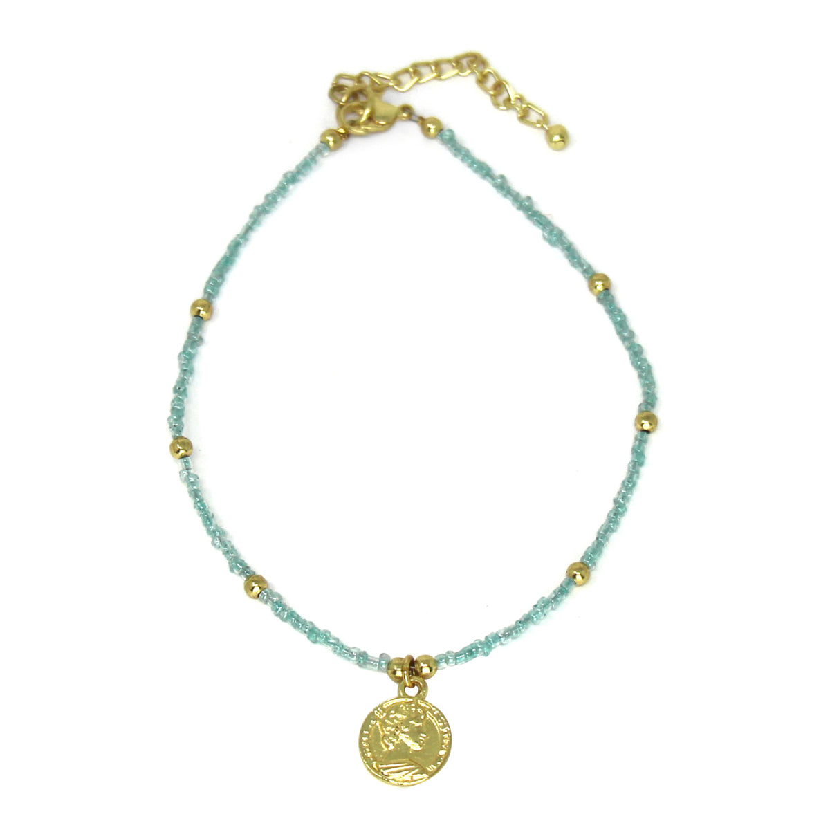 Baby Blue Glass Bead Choker with Brass Coin Pendant K52023