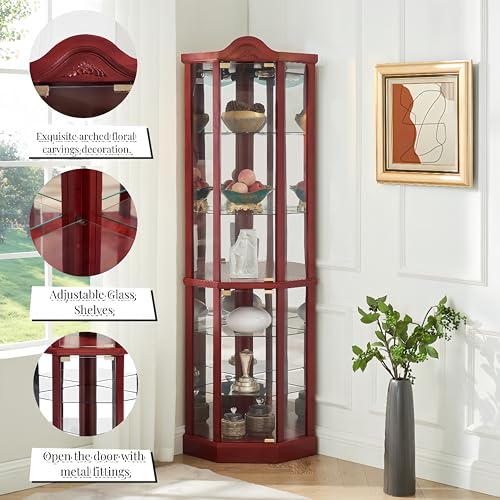 Antique Style Glass Corner Curio Display Cabinet with Adjustable Shelves and Push-to-Open Doors (Cherry) C926