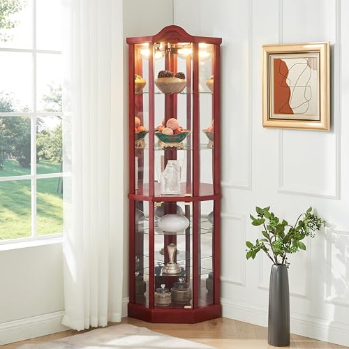 Antique Style Glass Corner Curio Display Cabinet with Adjustable Shelves and Push-to-Open Doors (Cherry) C926