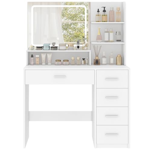 White Vanity Desk with 5 Drawers & Mirror D7717