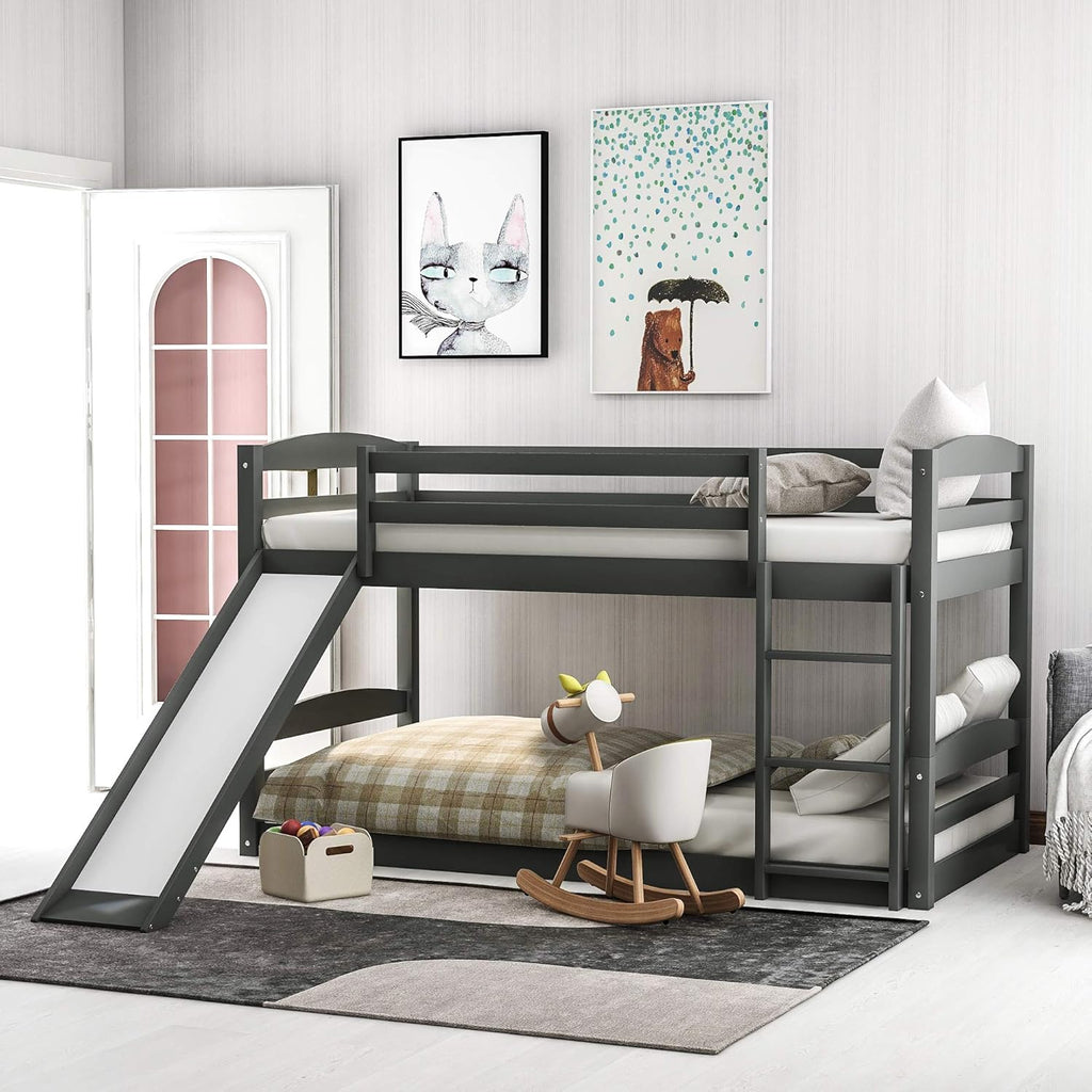 Twin Over Twin Low Bunk Bed with Slide and Ladder Grey I77466